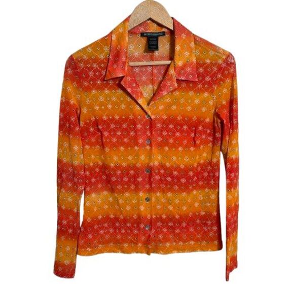 BCBGMAXAZRIA Tops - VTG Y2K BCBG Mesh Sheer Button Up Shirt L Floral Long Sleeve Collar 90s